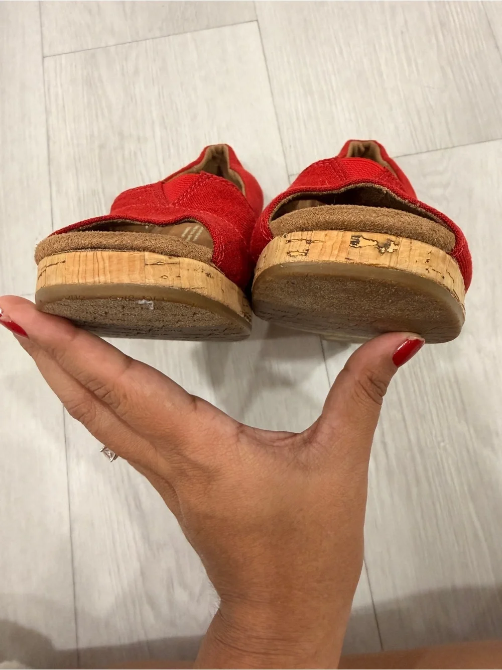 TOMS Red Canvas Cork Wedge Peep Toe Slip On Heels‎ Size 7
